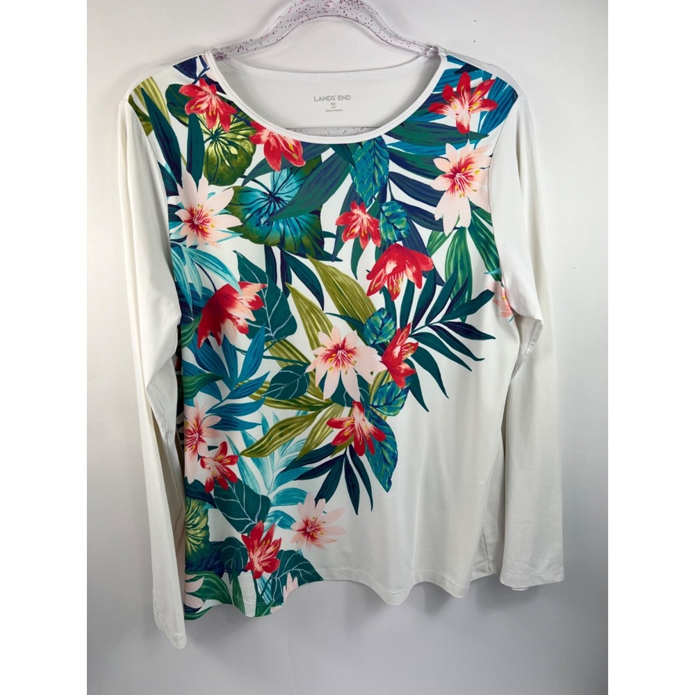 Lands' End Top Women's Sz‎ 0x 14W White/Floral Front Long Sleeve Stretch